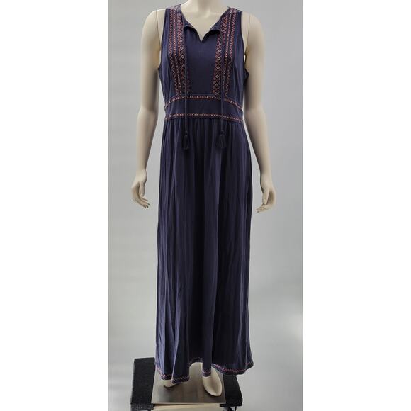 Garnet Hill Maxi‎ Dress Womens L Navy Crossstitch Embroidered Trim Knit Tassel - Picture 1 of 16